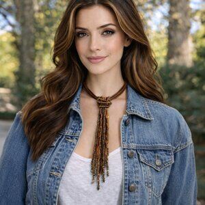 Multistrand Brown Leather Choker w/ Beaded Strands Necklace